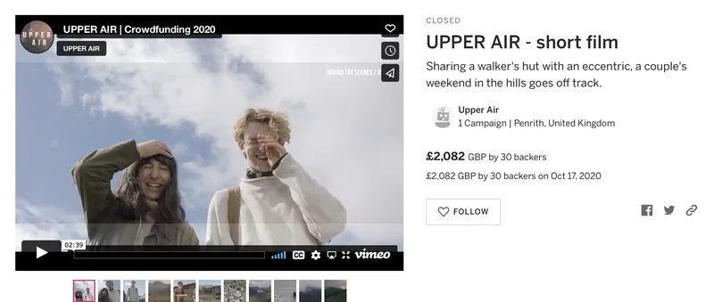 Kickstarter campaign card for UPPER AIR - short film: closed, &pound;2,082 GBP raised by 30 backers on Oct 17, 2020.