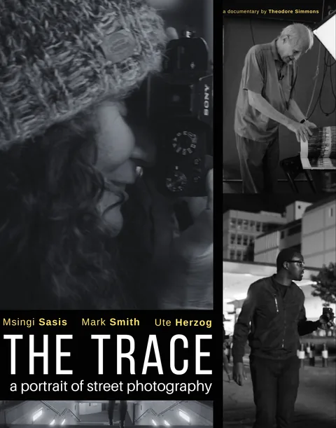 The Trace poster: black and white frames of three street photographers at work, titled 'a portrait of street photography'.