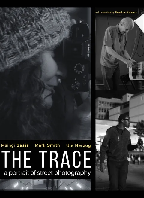 The Trace poster: black and white frames of three street photographers at work.