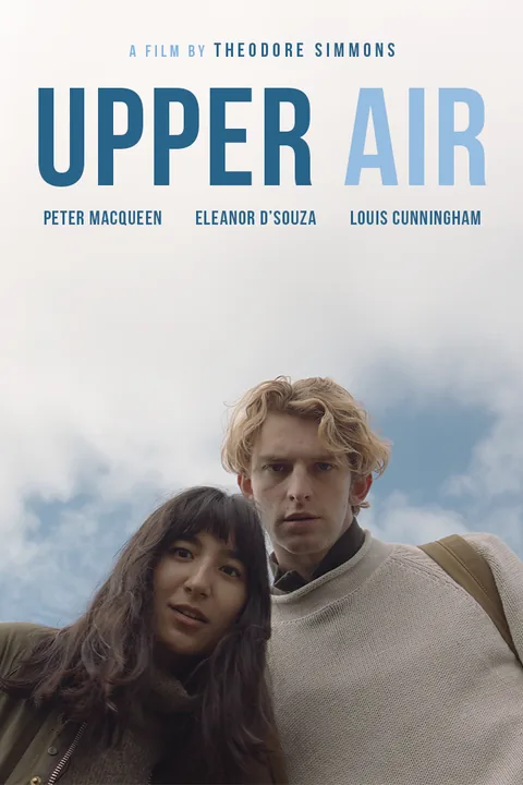 Upper Air poster: Sam and Ethan look up at the camera against a bright Lakeland sky. A film by Theodore Simmons, with Peter Macqueen, Eleanor D'Souza and Louis Cunningham.